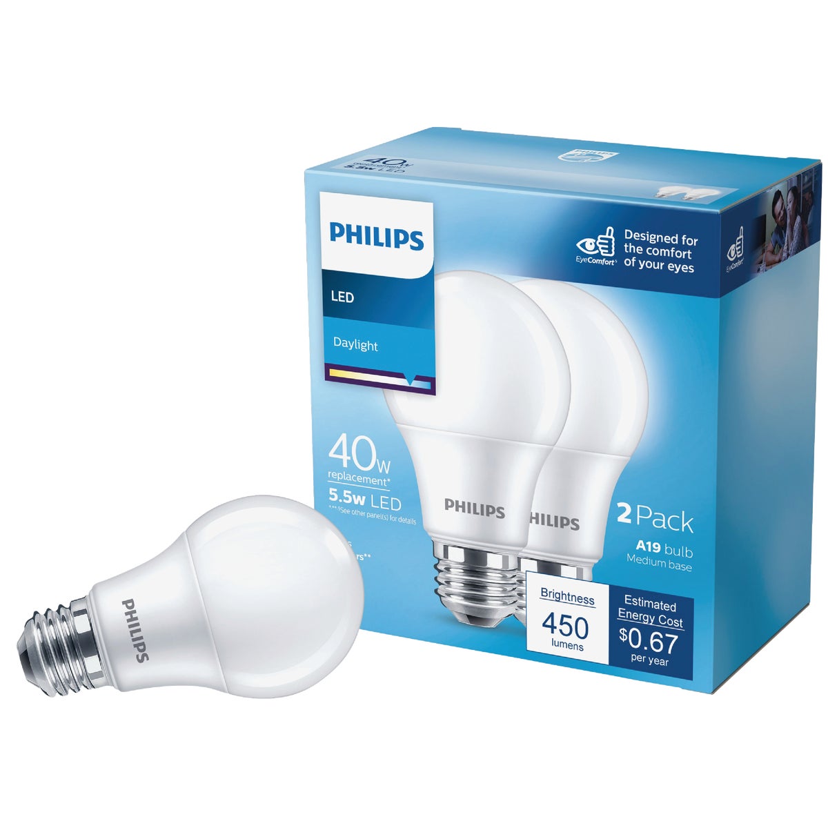Item 501760, Philips LED (light emitting diode) A19 light bulb with medium base.