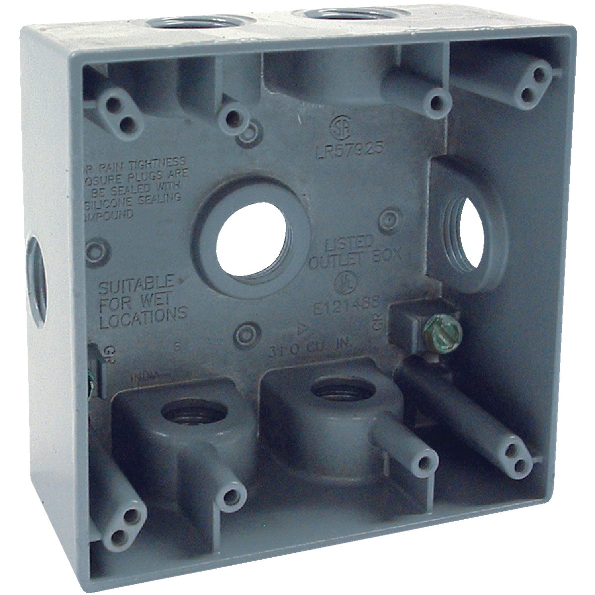 Item 502421, 2 gang box with lugs, 2 inches deep with 7 outlets, 1/2-inch NPT (National 