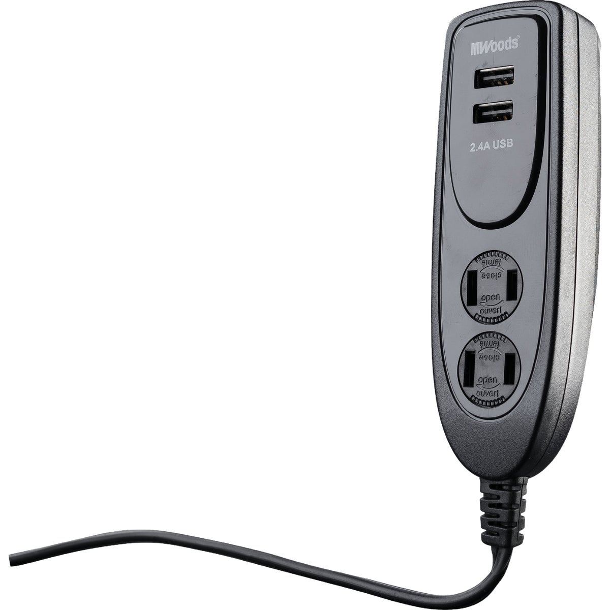 Item 502723, 2-USB (universal serial bus) port charger with 2 standard outlet power 