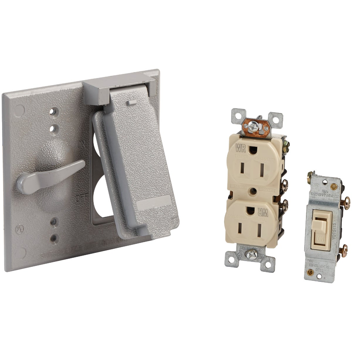Item 502732, Durable die-cast construction, weatherproof switch and outlet cover.