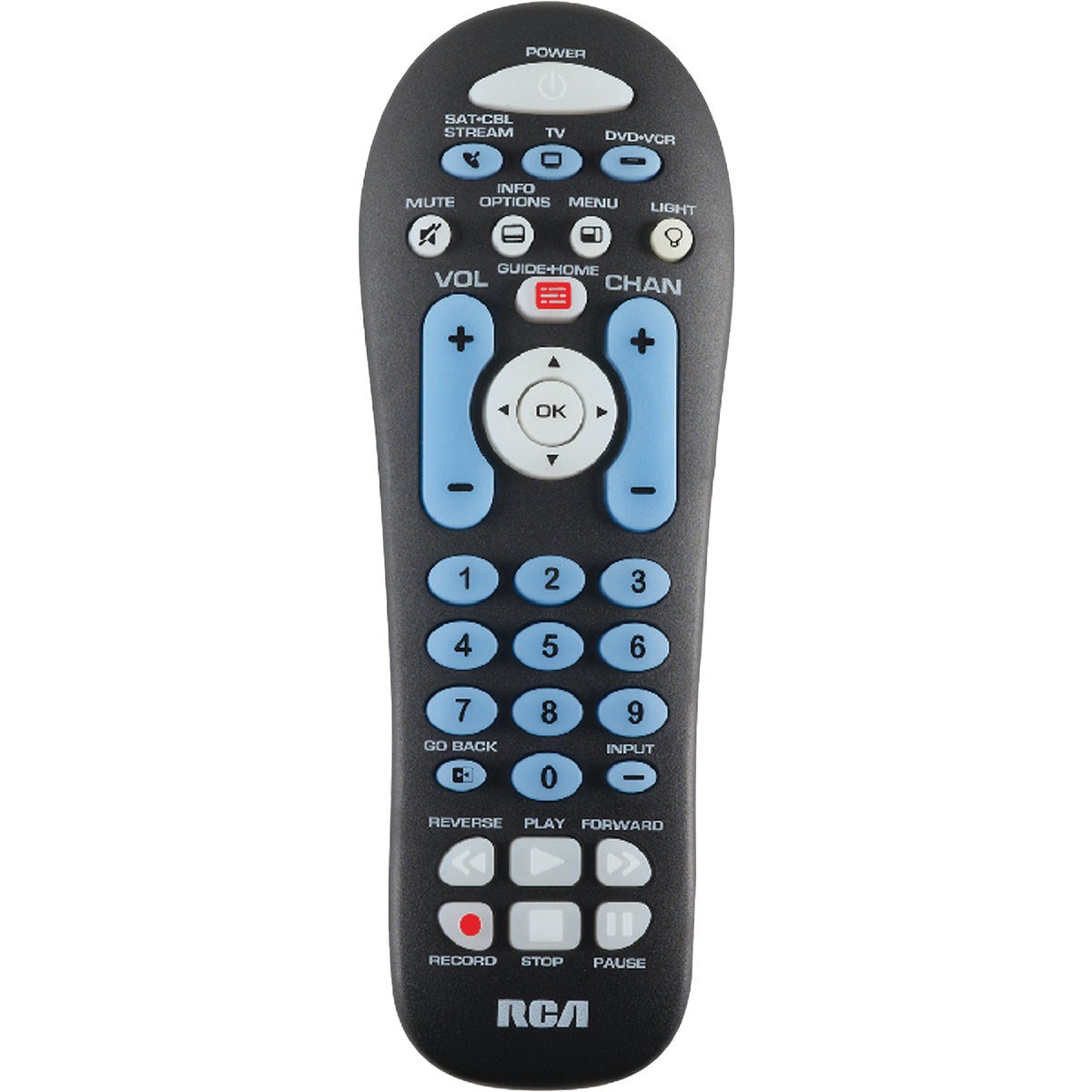 Item 502855, RCA remote control featuring a partially backlit keypad.