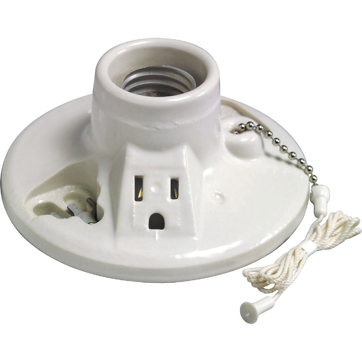 Item 503878, Porcelain lampholder with pull chain and grounding outlet.