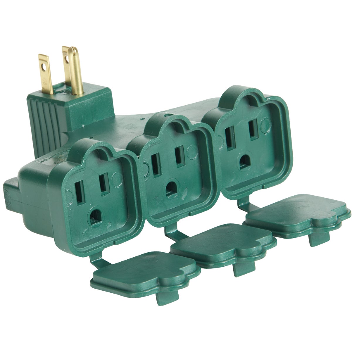 Item 505412, 3-outlet, 3-conductor outlet tap with rain tight safety covers.