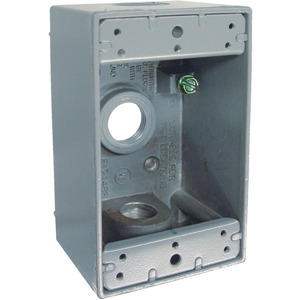 Item 507614, Single gang box with lugs, 2 inches deep with 3 outlets, 1/2-inch NPT (