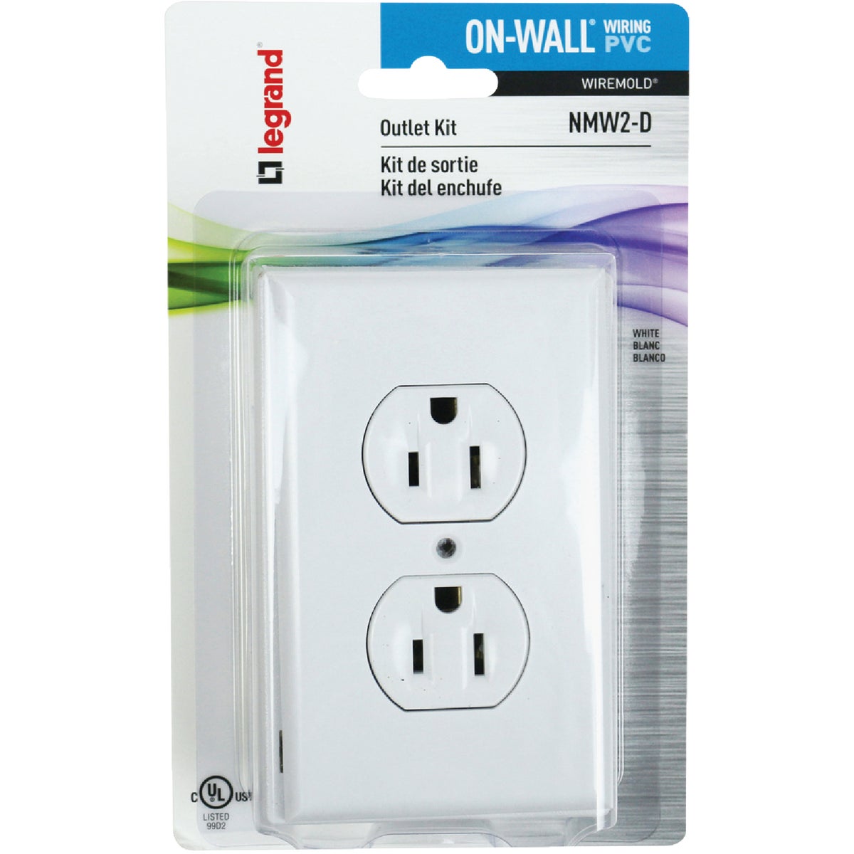Item 510797, PVC on-wall outlet box with matching duplex outlet and wall plate.