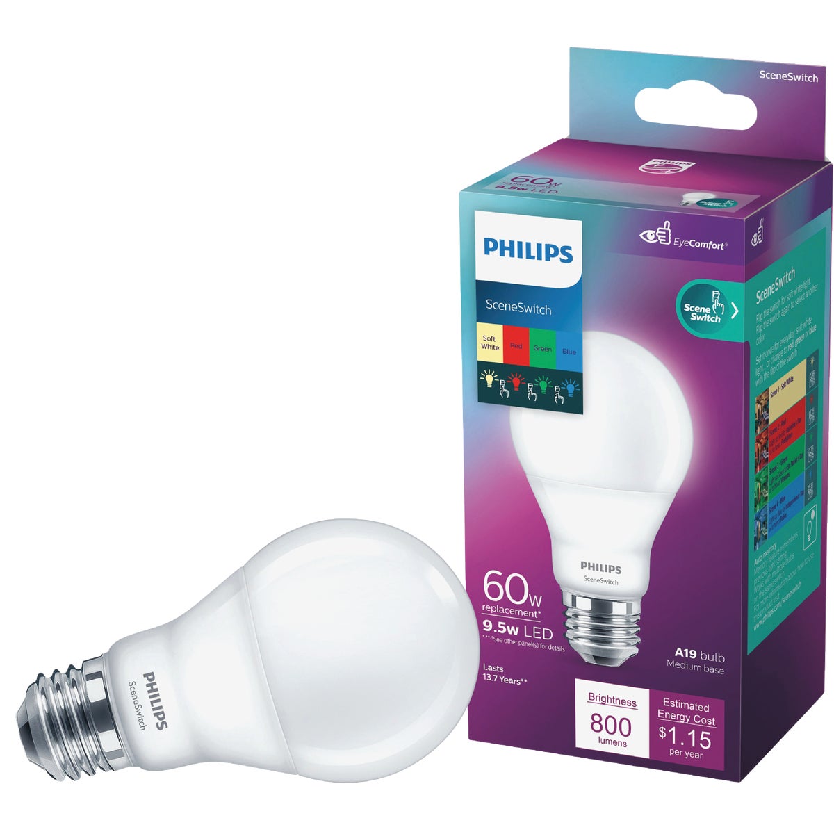 Item 511158, 1 LED (light emitting diode) light bulb with 4 color settings at a flip of 