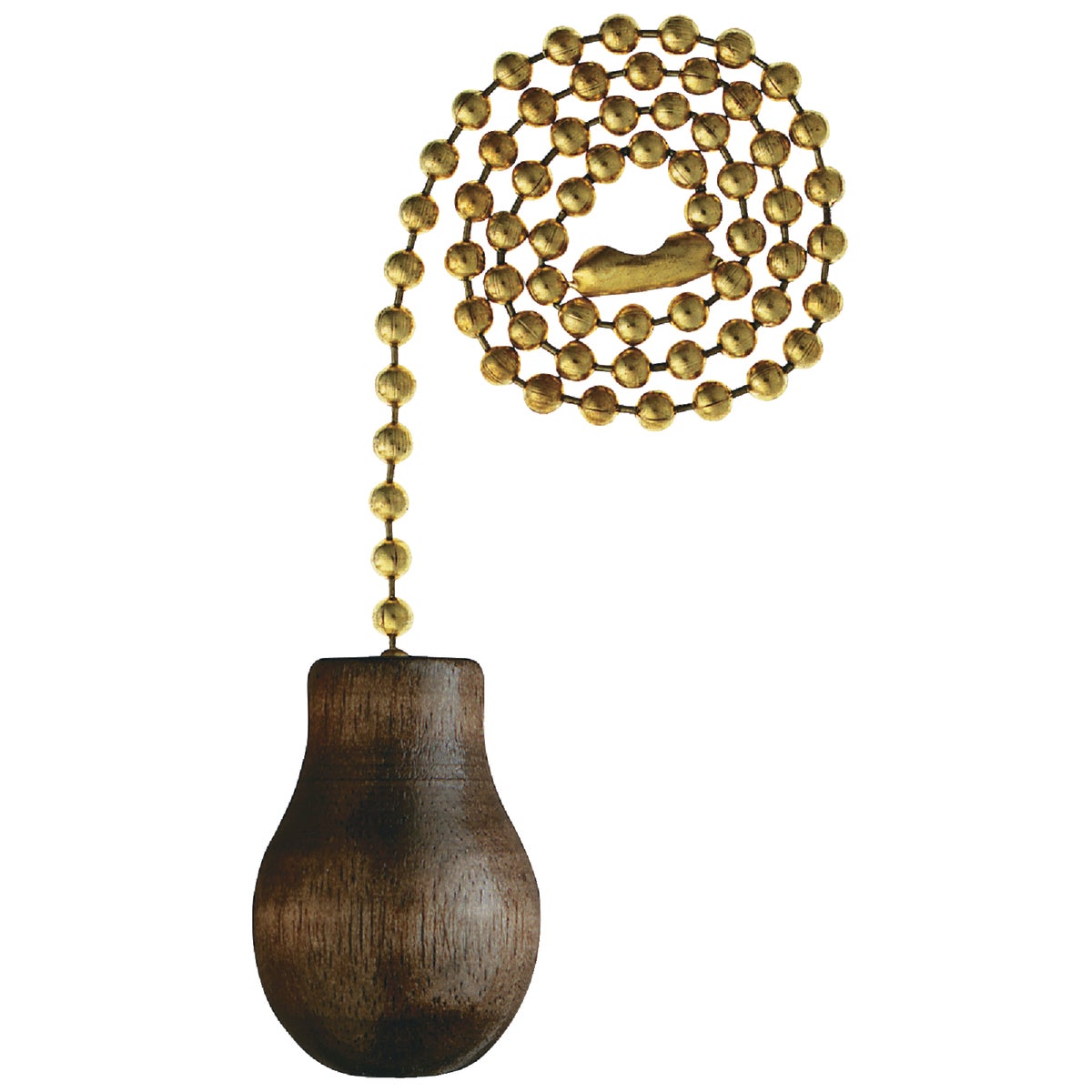 Item 514527, 12-inch polished brass bead pull chain with wooden knob.