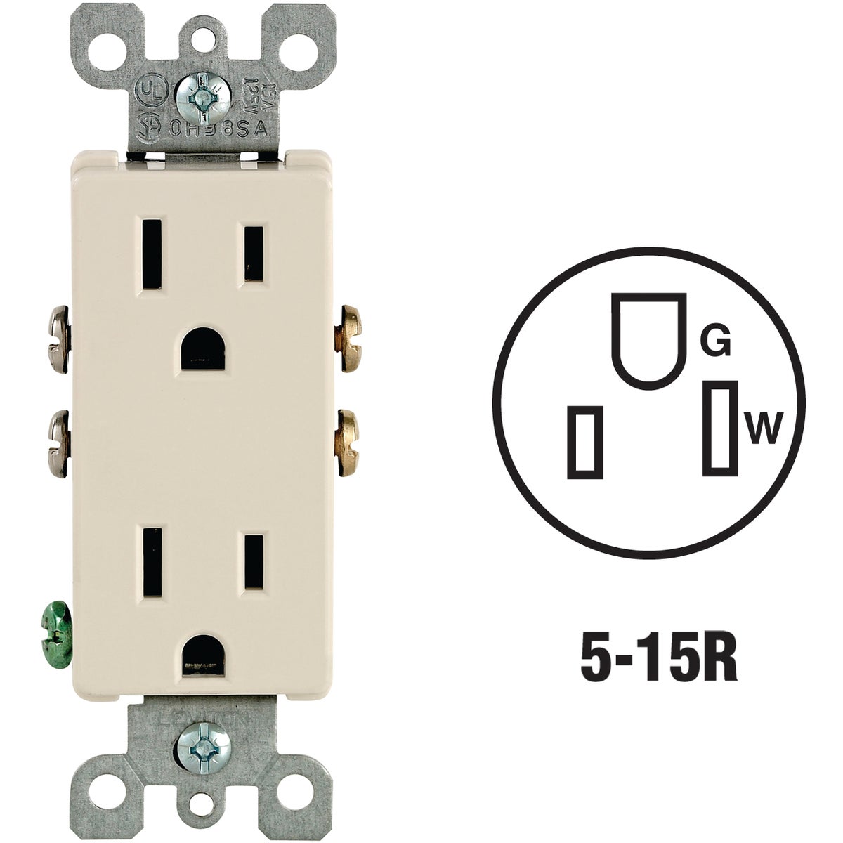 Item 515918, Decora duplex outlet, side wire and Quickwire push-in wiring options.