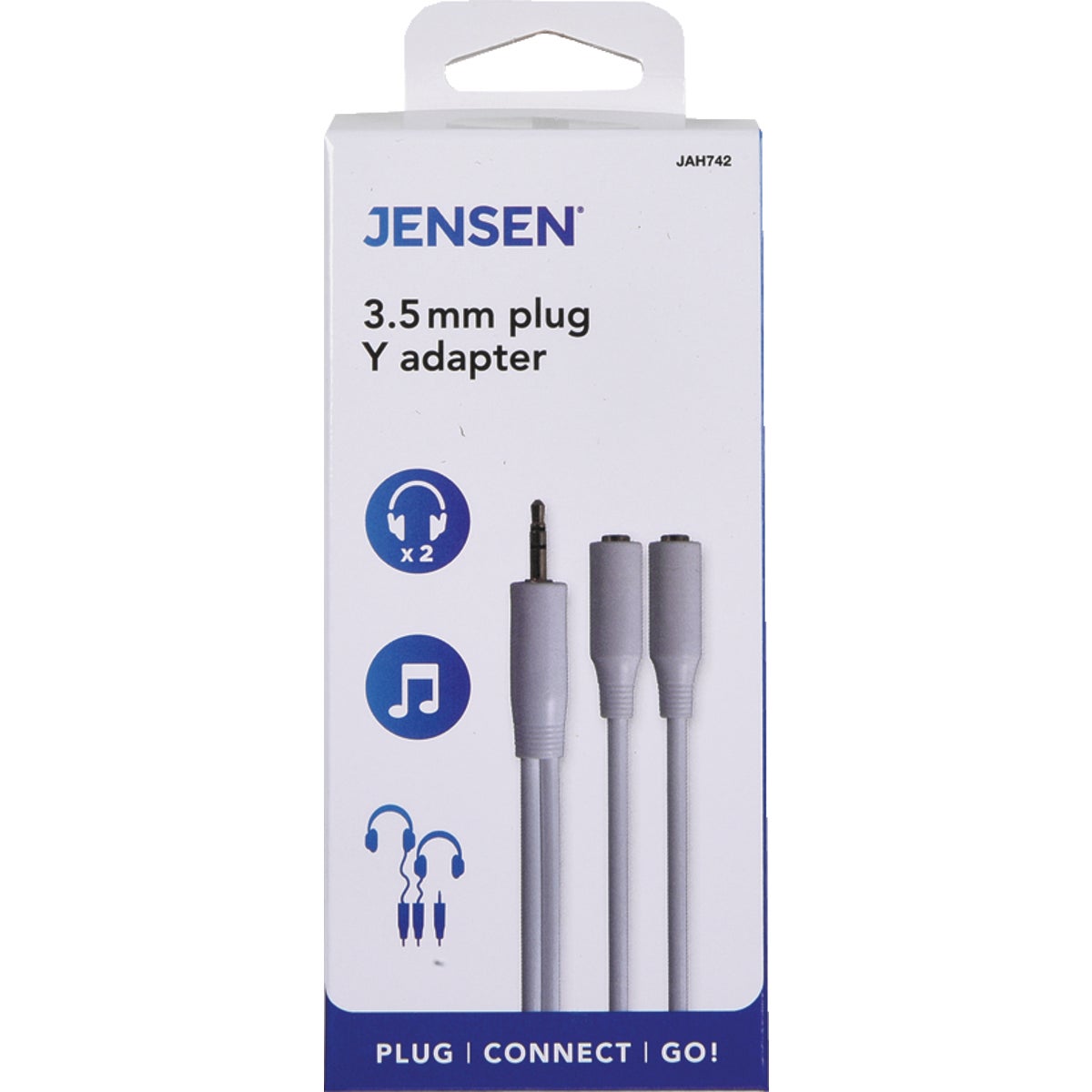 Item 516748, 3.5mm plug Y-adapter. 3-inch cable connects 2 headphones to a single 3.