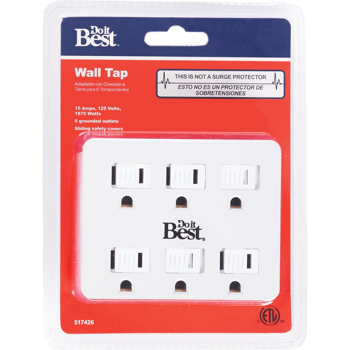 Item 517426, Wall tap outlet includes sliding safety covers and converts 2 outlets to 6 