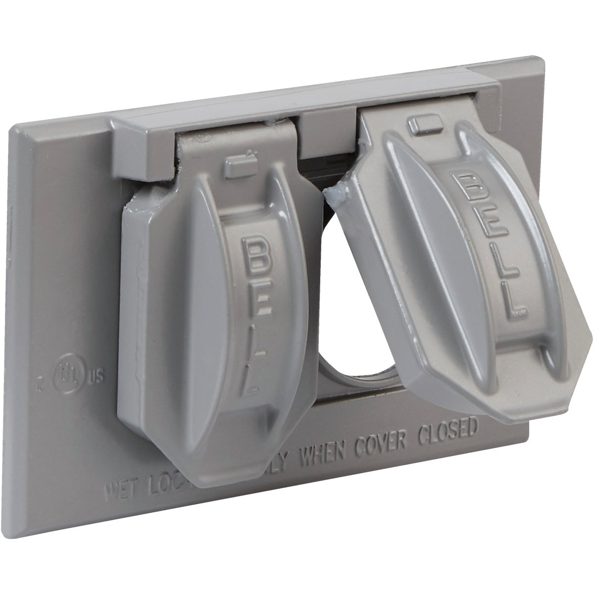Item 518697, Horizontal device-mounted cover for duplex receptacle.