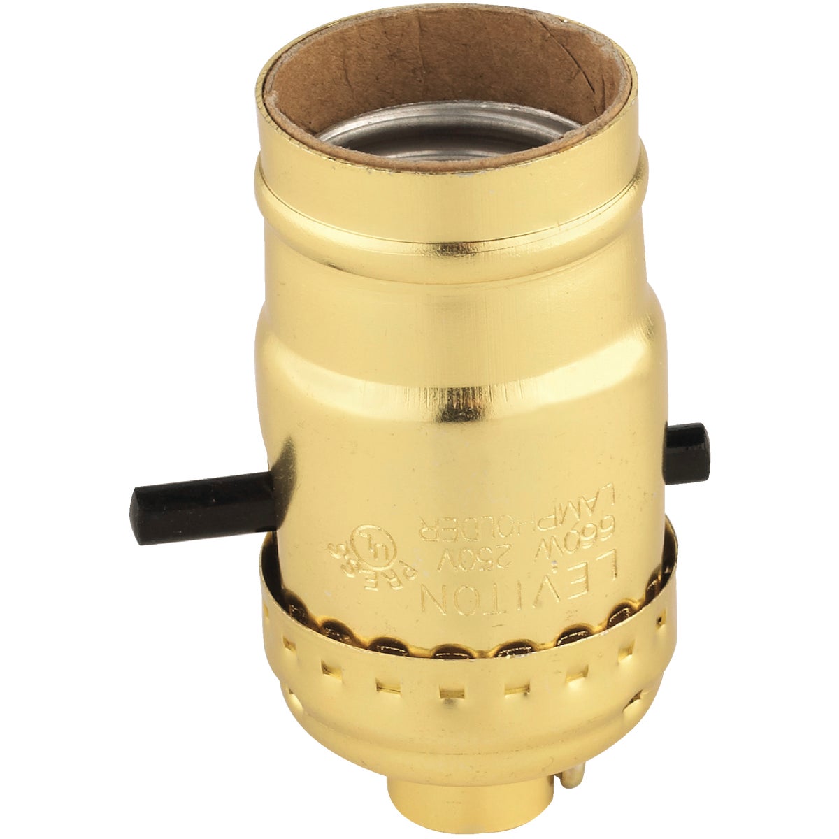 Item 520537, Phenolic interior lamp socket with high heat push-buttons and brass finish
