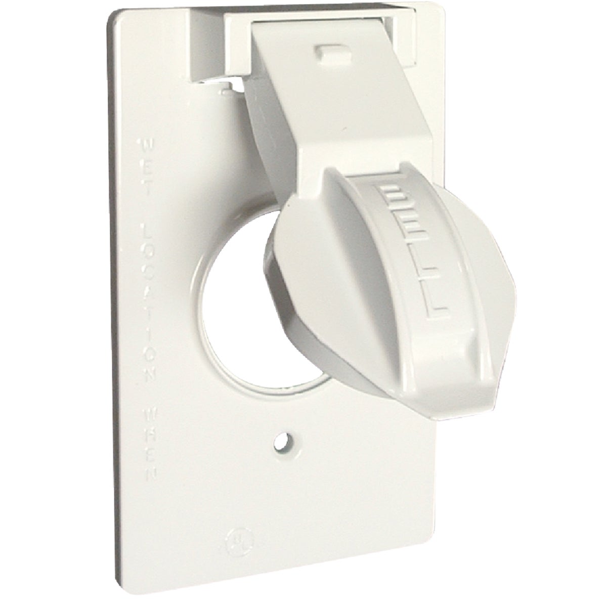 Item 520969, Device-mounted vertical cover for single receptacle, 1.406-inch diameter.