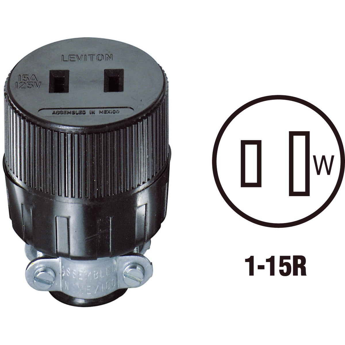 Item 521288, Vinyl round connector. Maximum cord diameter 0.437 In. 15A/125V. Black.