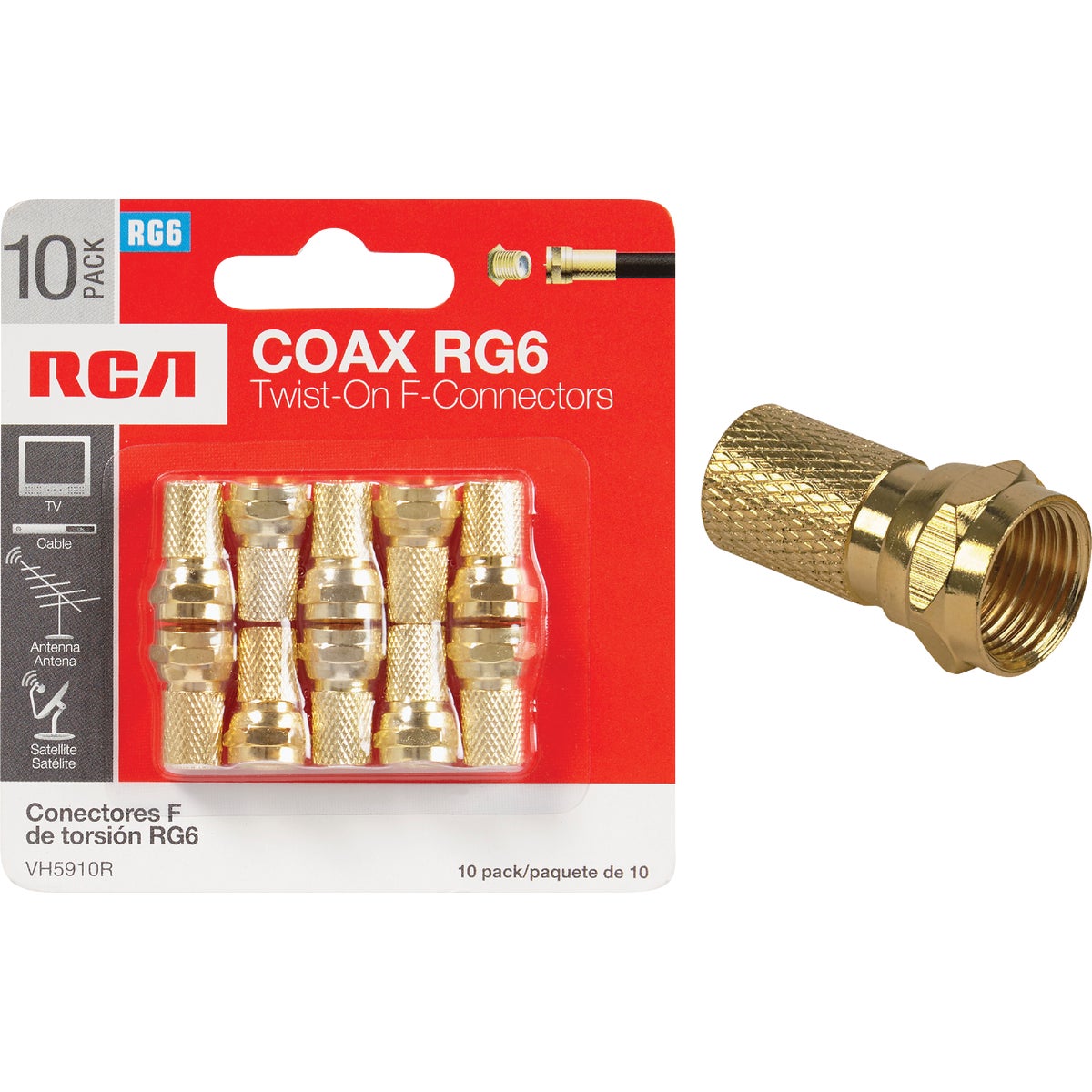 Item 523674, RG6 twist-on gold-plated F-connectors terminate coaxial cables for custom 