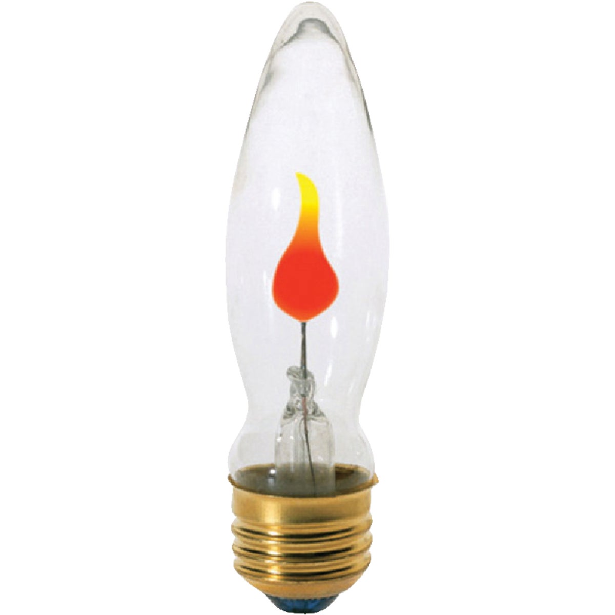 Item 526675, CA9, medium base, flicker flame, decorative incandescent light bulb.
