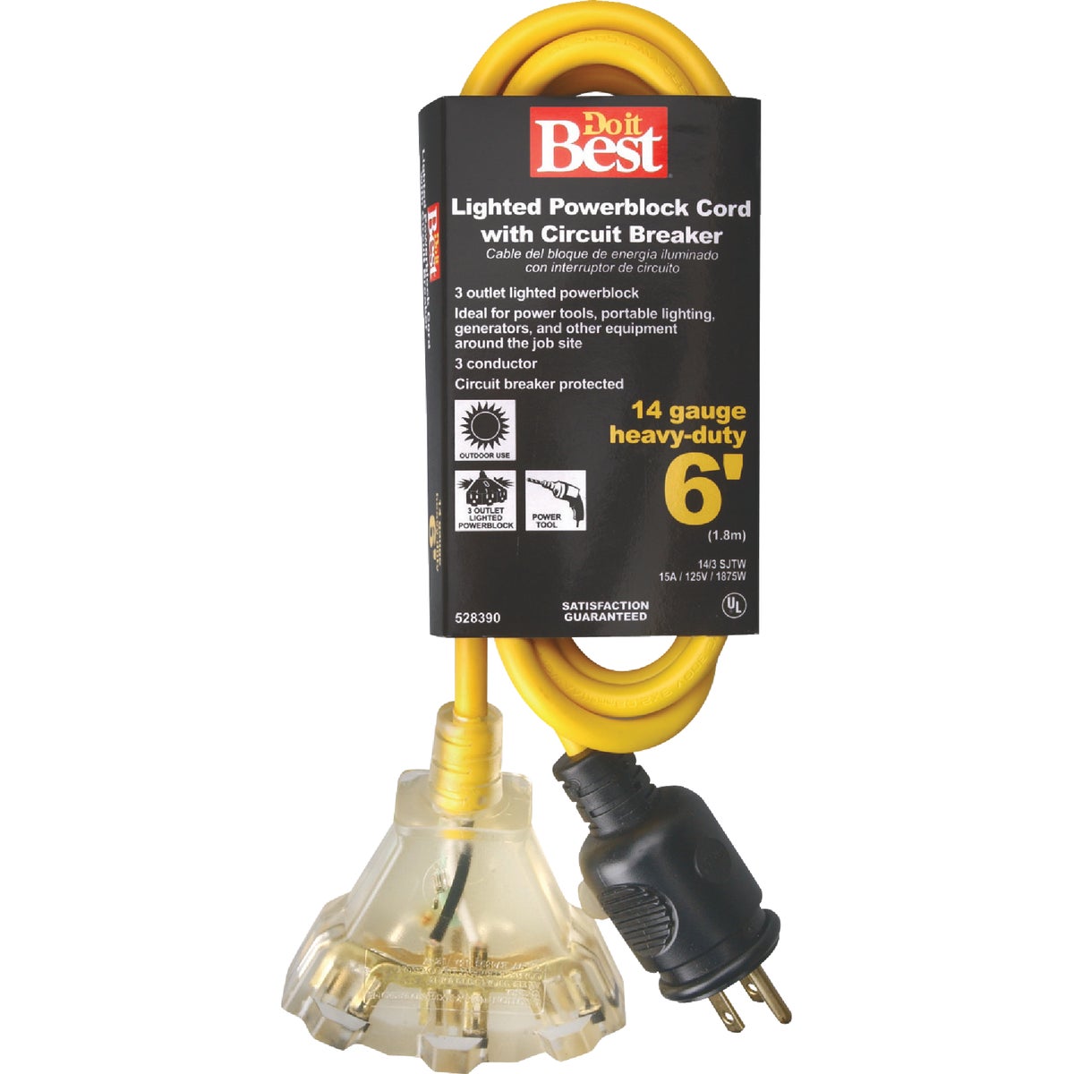 Item 528390, 14-gauge/3-conductor extension cord featuring powerblock end and integrated