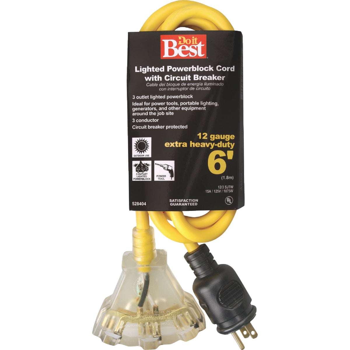 Item 528404, 12-gauge/3-conductor extension cord featuring powerblock end and integrated