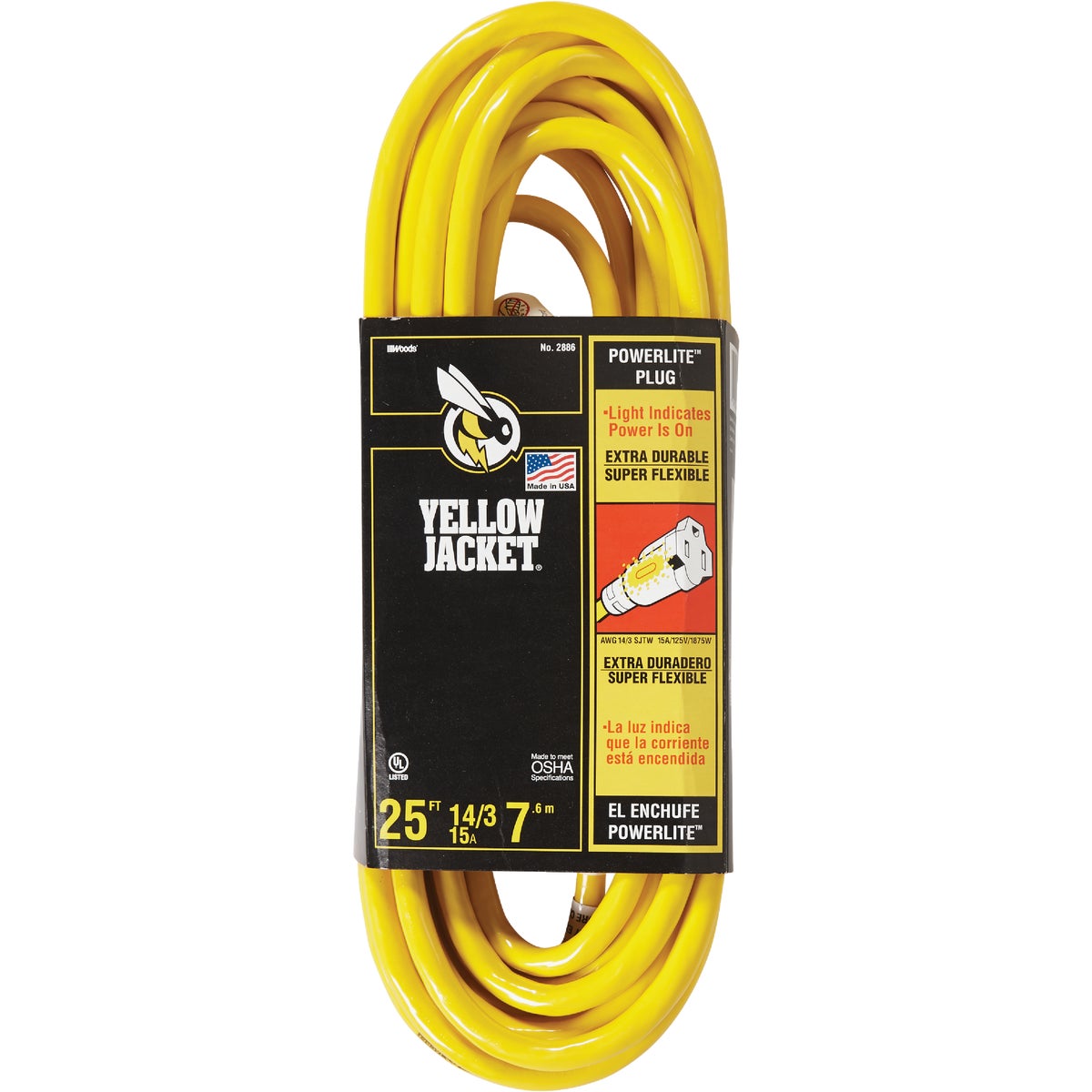 Item 529194, Durable extension cord with lighted PowerLite plug.
