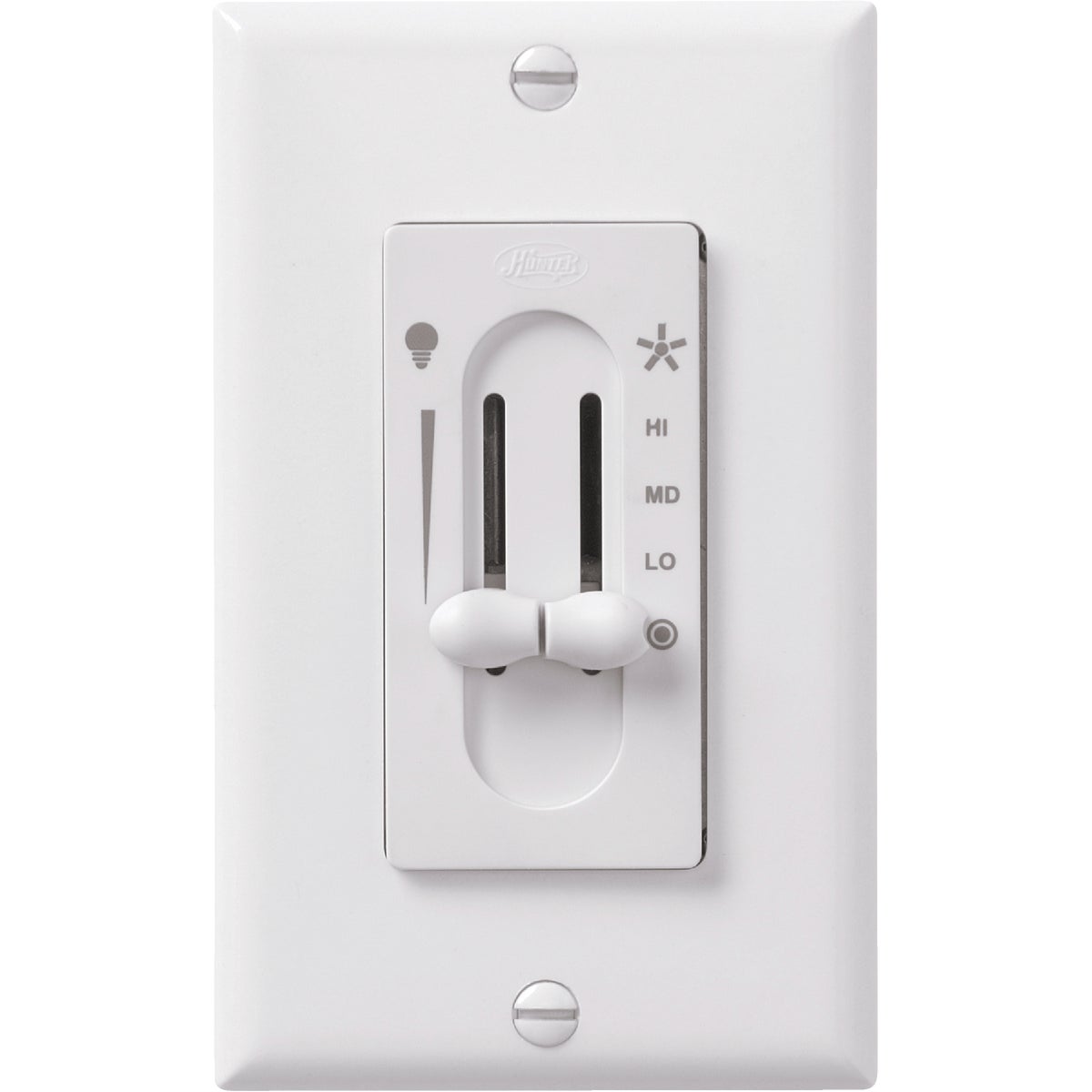 Item 531626, Wall mounted dual slide control provides 3 fan speeds and full range light 