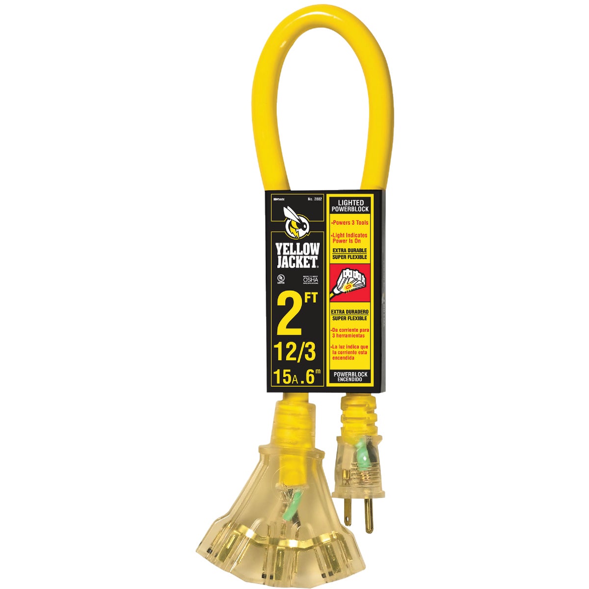 Item 536733, 2 foot Yellow Jacket extremely flexible 3-outlet power block extension cord