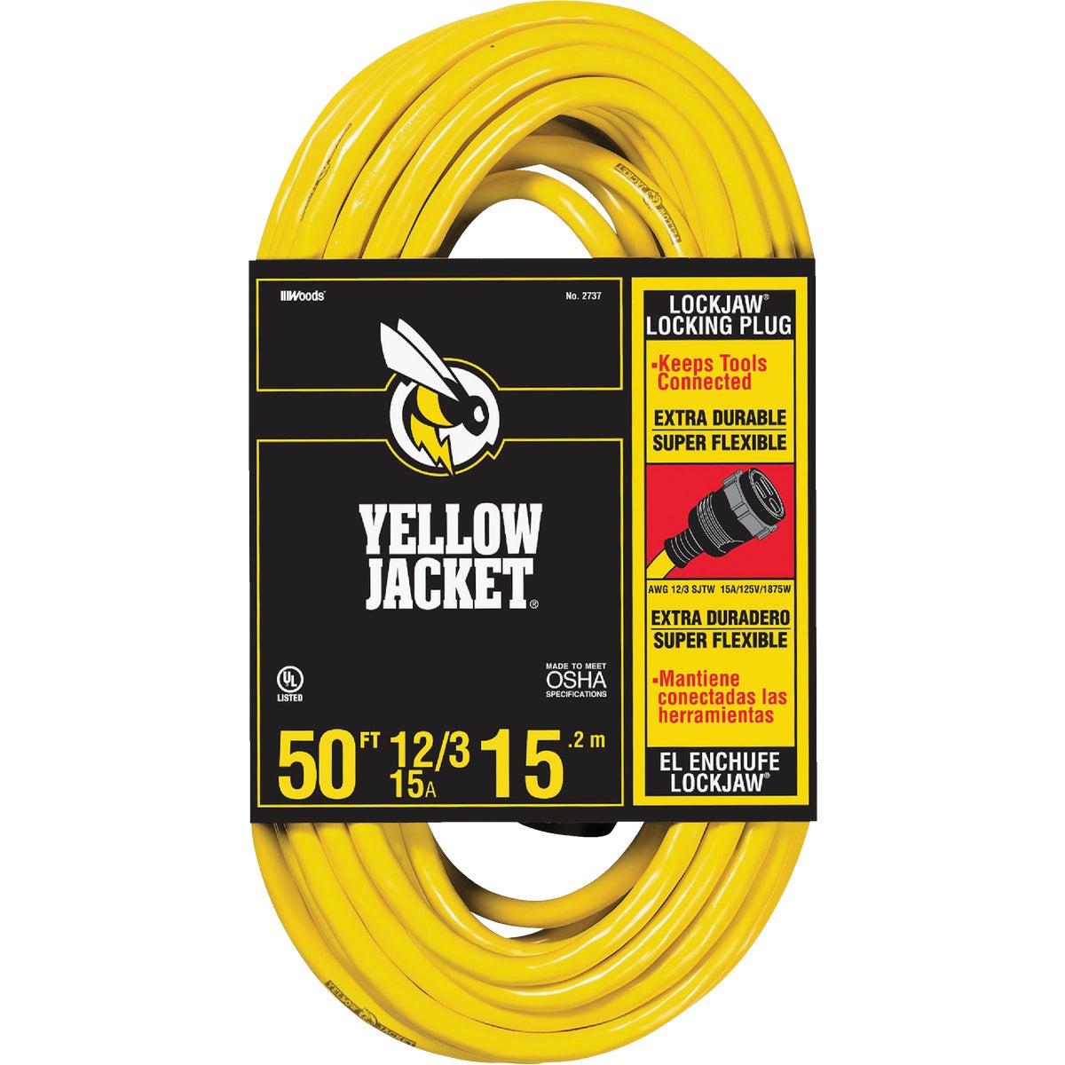 Item 544019, Yellow Jacket cord with Lockjaw locking plug grabs plug blades for a tight 