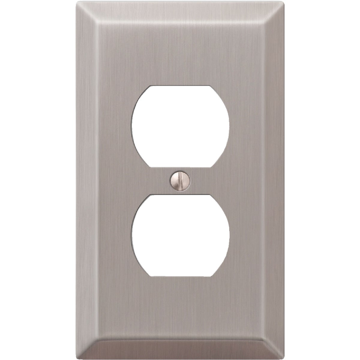 Item 556807, Stamped steel duplex outlet wall plate. Contemporary styling.