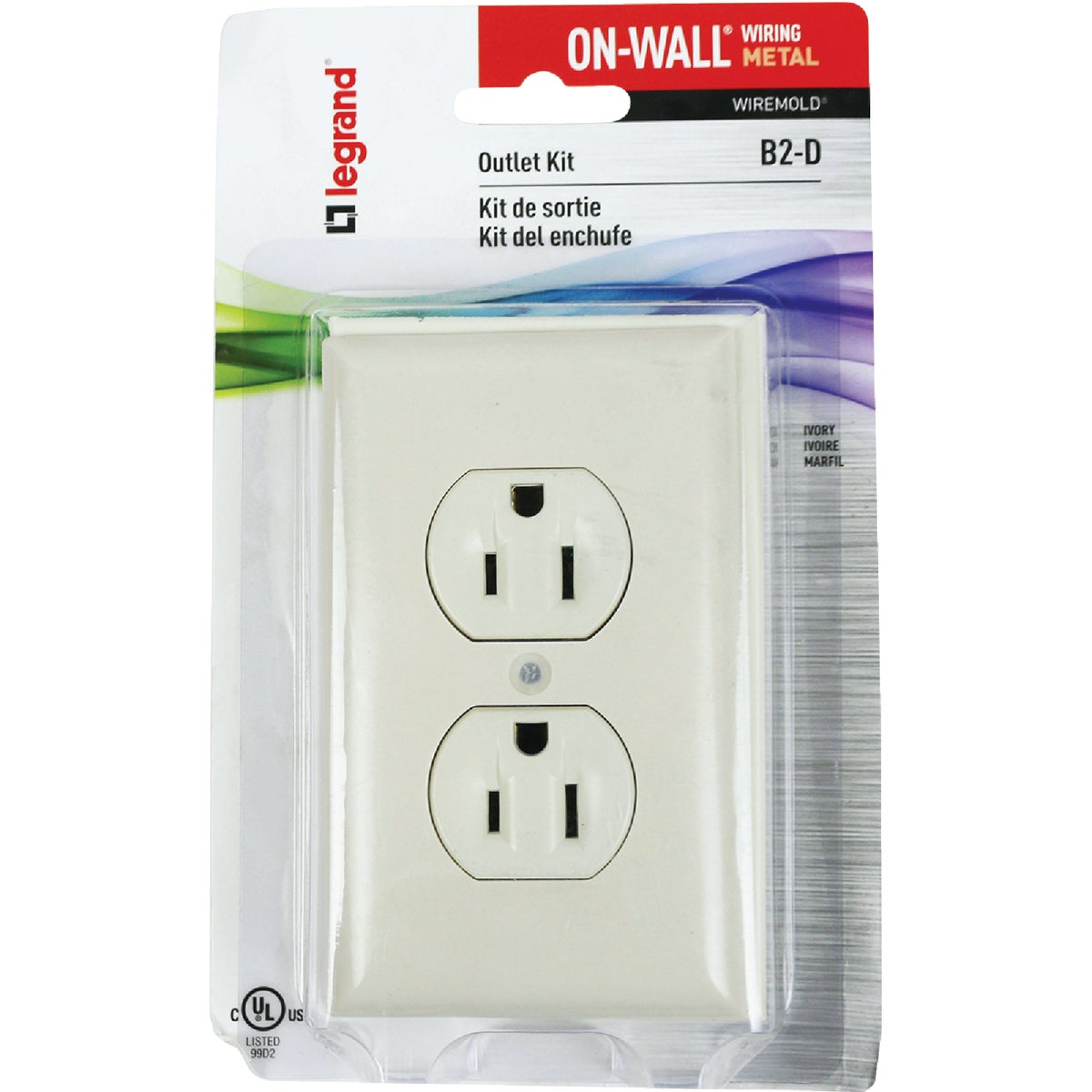 Item 562627, On-wall outlet box with matching duplex outlet and wall plate.