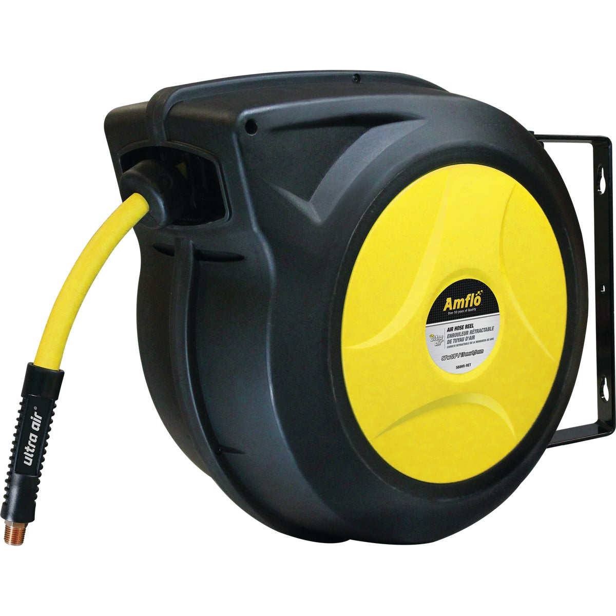 Item 570561, Enclosed air hose reel features impact resistant housing and guided returns