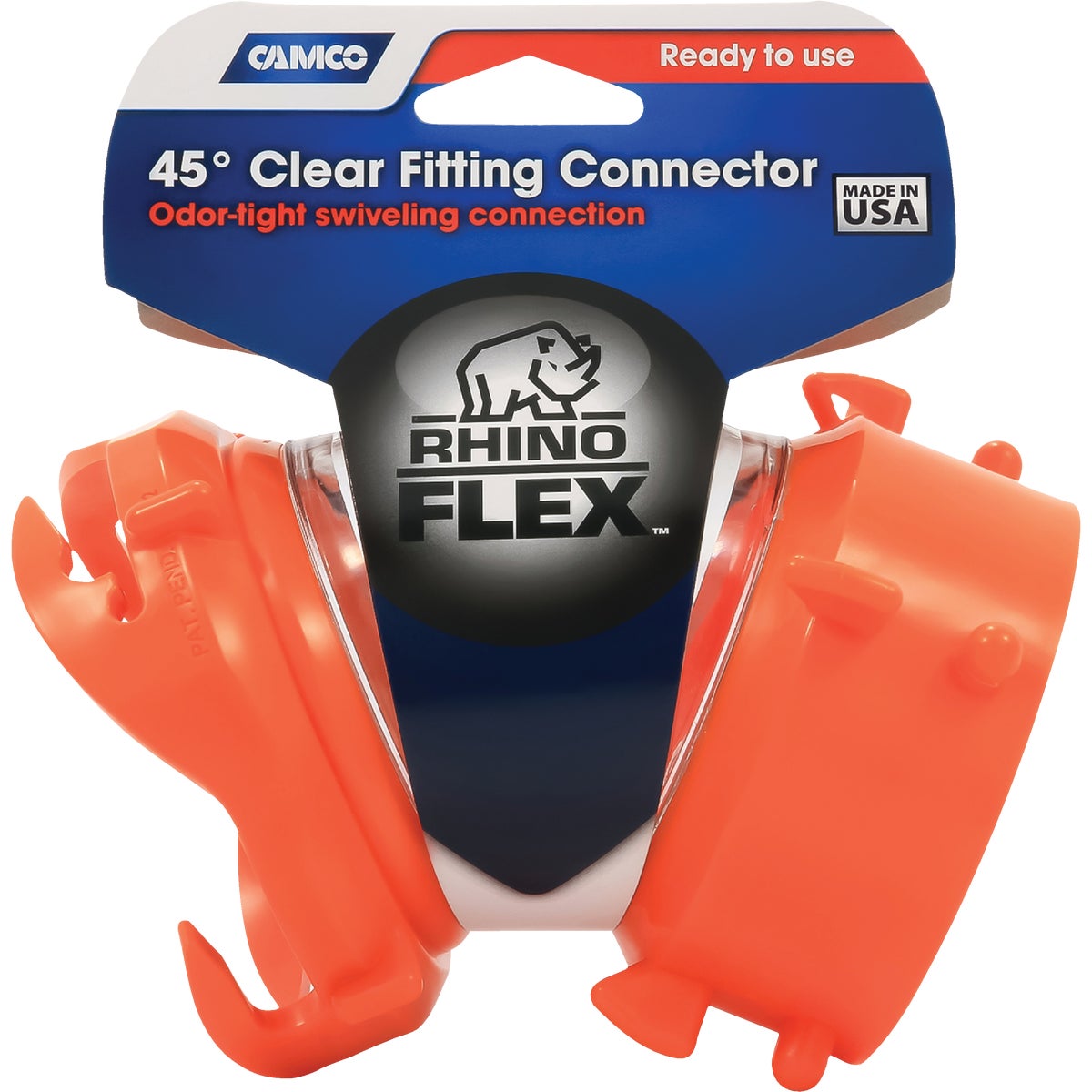 Item 570568, RhinoFLEX 45 degree clear sewer hose swivel fitting connector has a swivel 