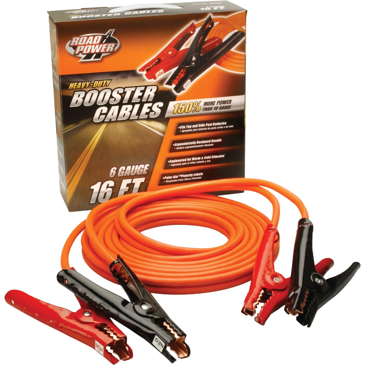 Item 580605, ROAD POWER heavy-duty booster cables feature Polar-Glo clamps and T-Prene 