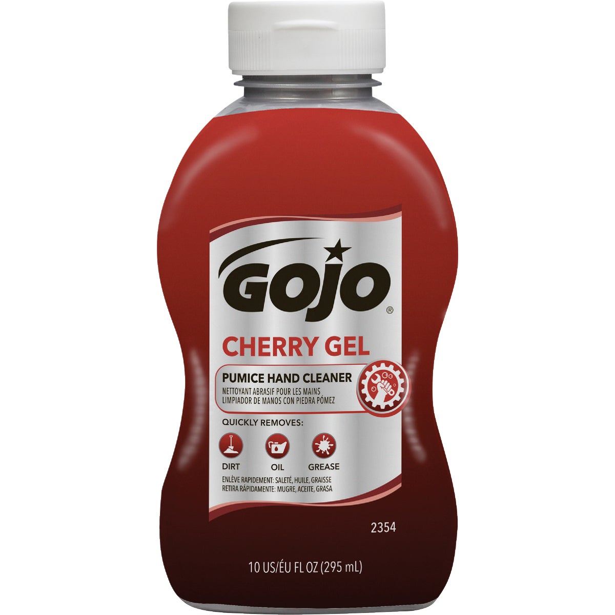 Item 581196, GOJO Cherry Gel Pumice heavy-duty hand cleaner squeeze bottles have a 