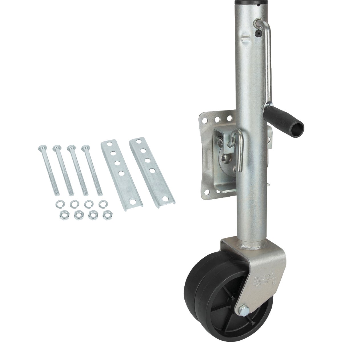 Item 582972, The TowSmart Dual Wheel Side Wind, Swing Down, Bolt-on Trailer Jack allows 