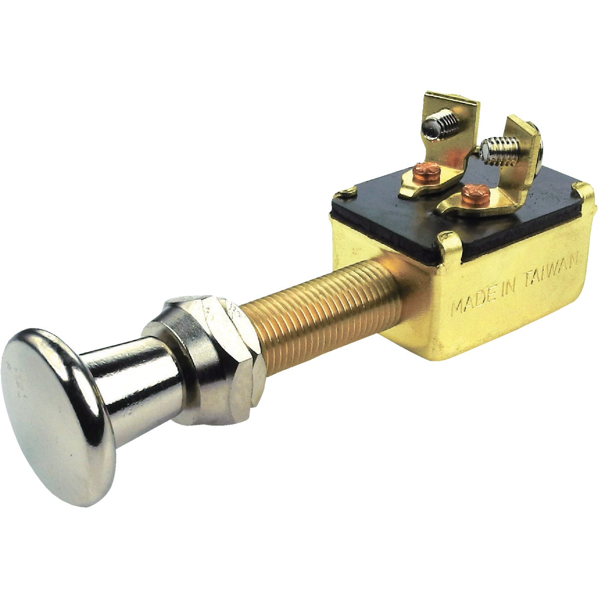 Item 586080, Push-pull switch featuring a chrome-plated brass face nut, washer, and back