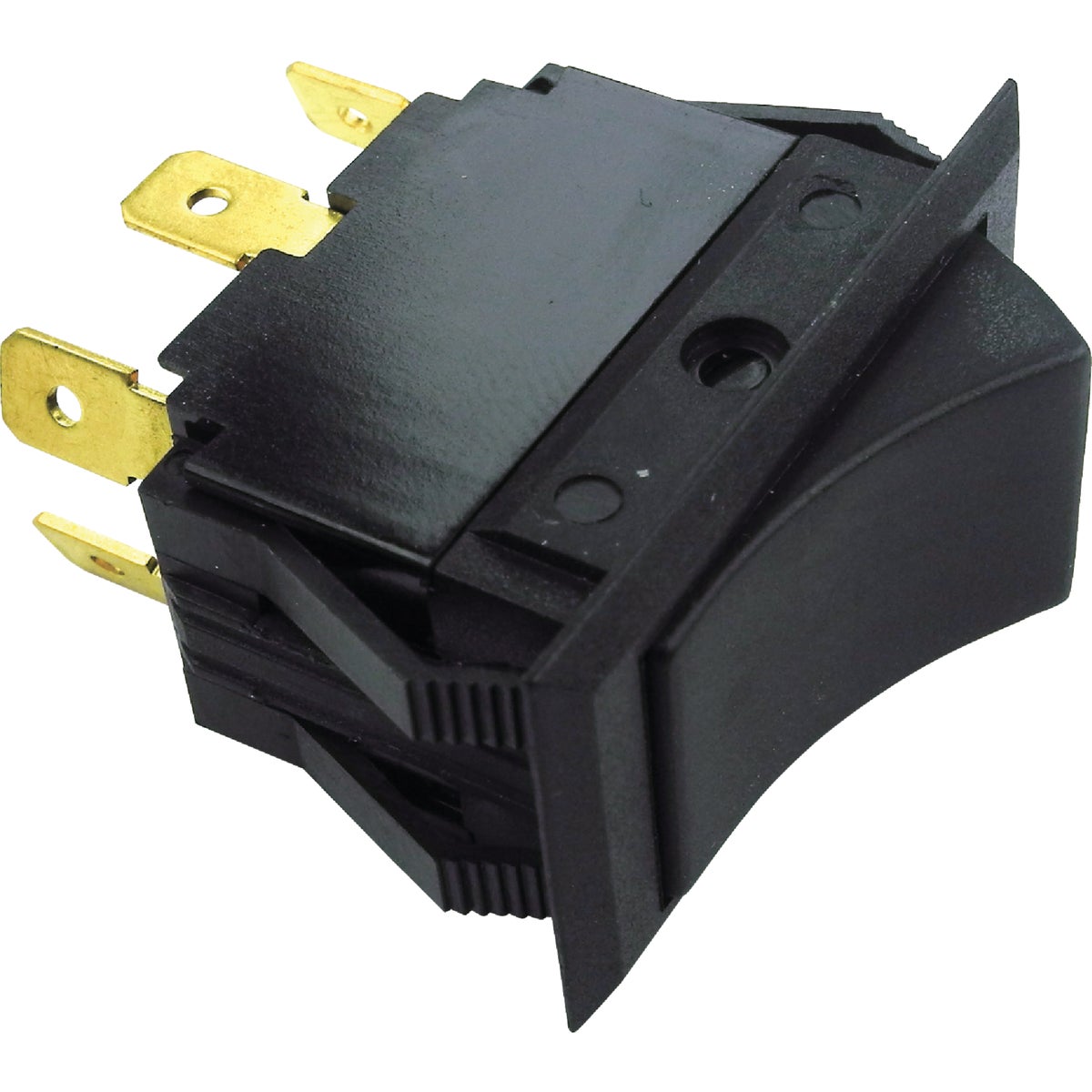 Item 587818, 3-position rocker switch featuring snap mount thermo plastic housing.