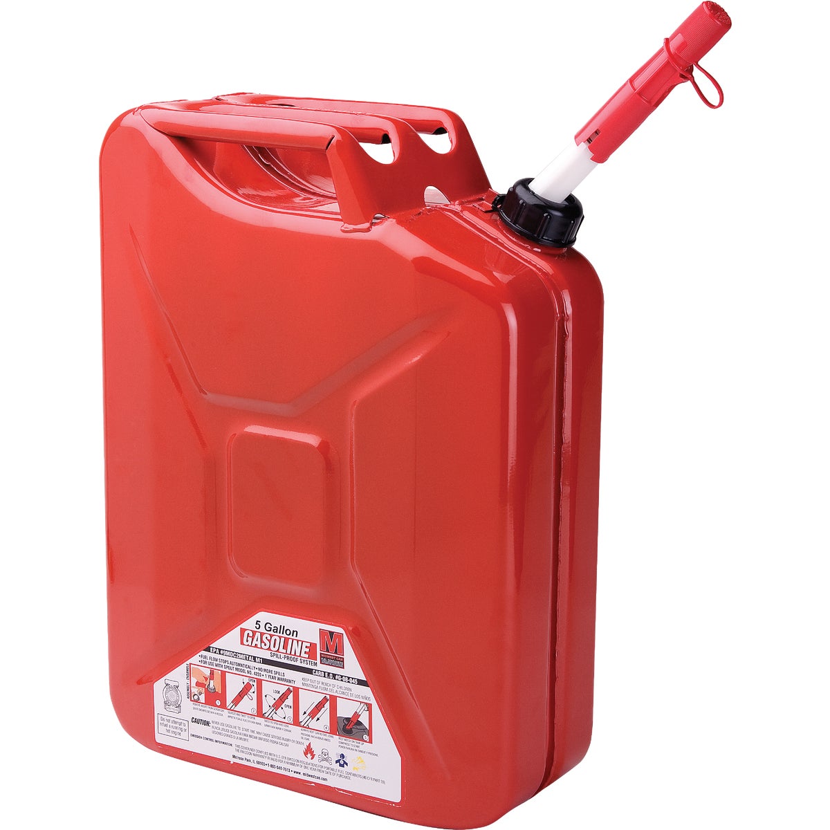 Item 595936, Metal "Jerry" gas can. Auto shut off can with flame mitigation device.