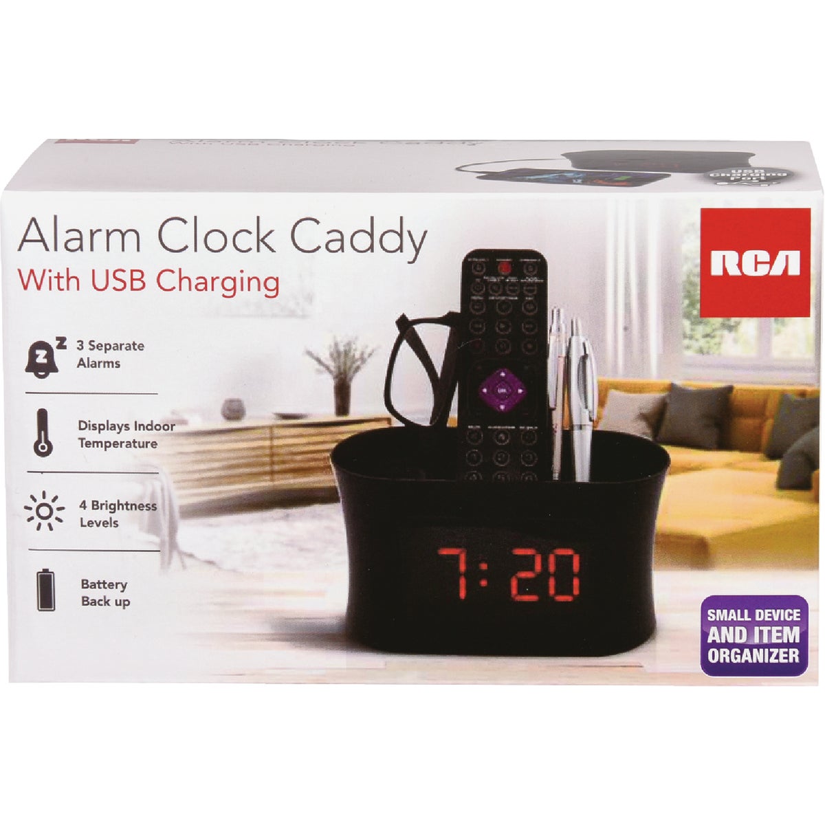 Item 600810, Stay organized with the simple and easy-to-use RCA alarm clock storage 