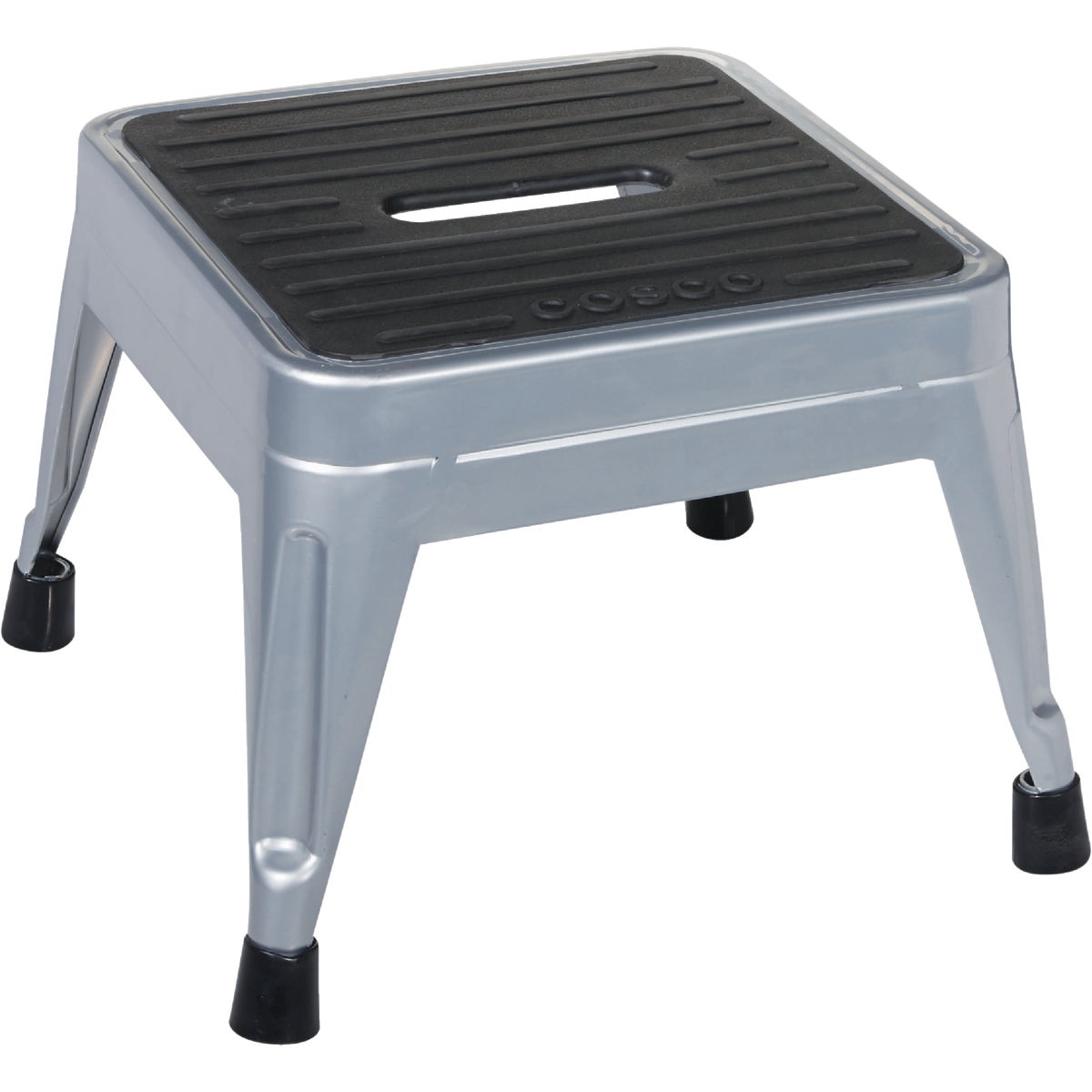 Item 601493, Metal step stool with black rubber tread on top and skid resistant feet.