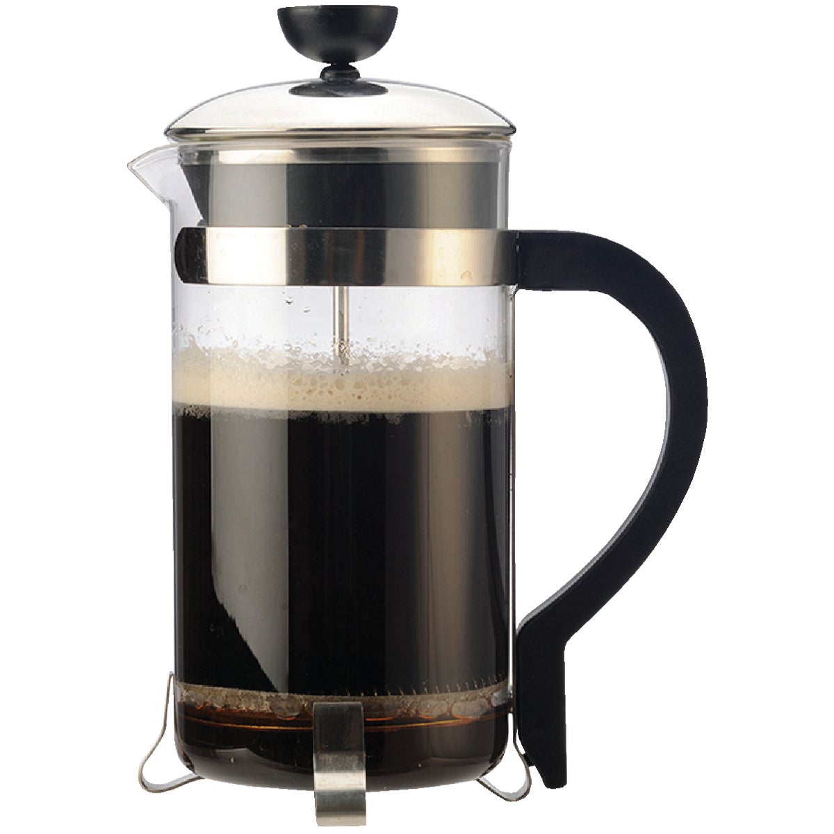 Item 601555, Borosilicate glass coffee press has stainless steel parts and is accented 