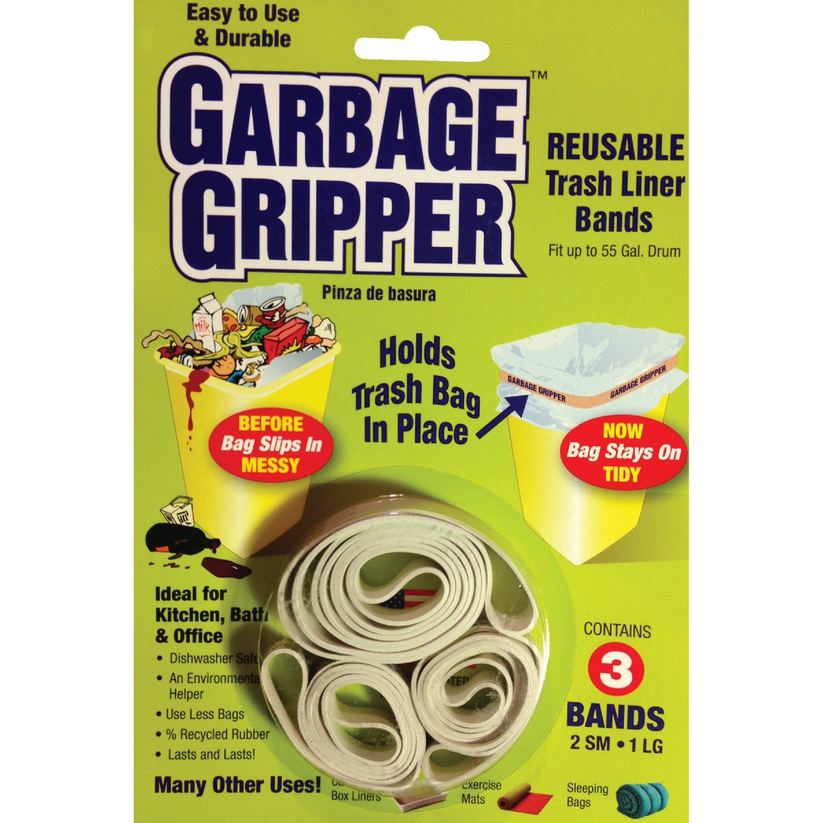 Item 601694, Reusable, durable trash liner bands fit up to a 55 gallon drum.