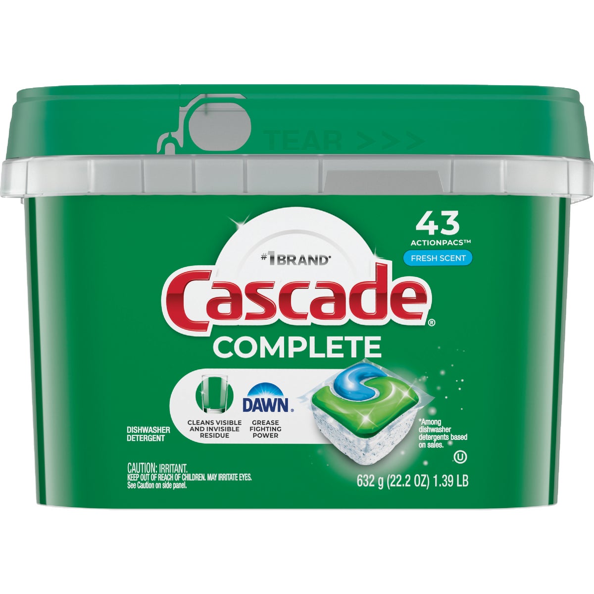 Item 601817, No pre-wash needed with Cascade Complete Actionpacs Dishwasher Detergent.