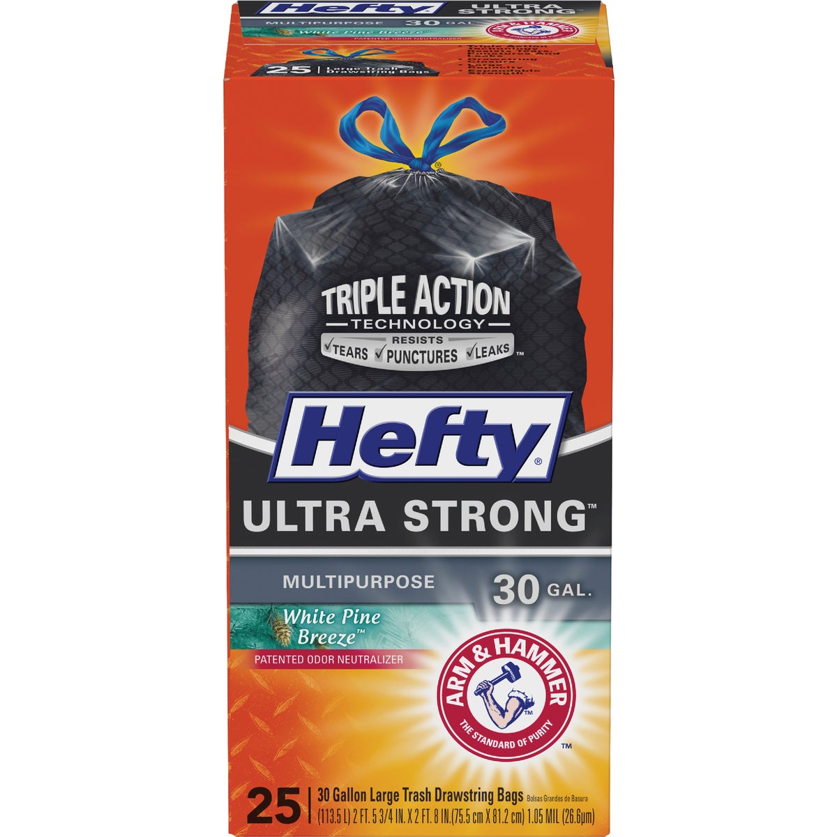 Item 601979, Ultra strong trash bag has a White Pine Breeze scent with Arm &amp; Hammer 