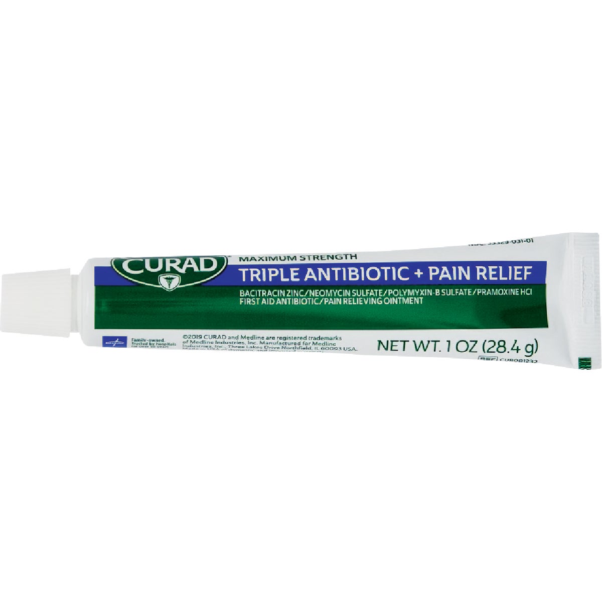 Item 602105, Curad Triple Antibiotic Plus Pain Relief Ointment to help prevent infection