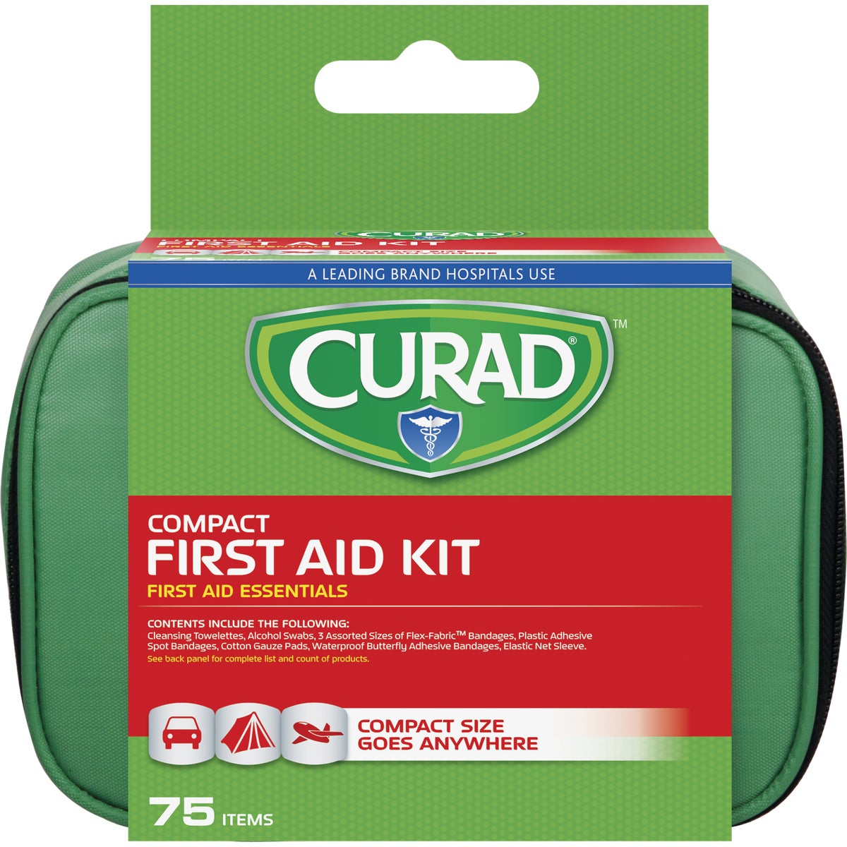 Item 602239, Kit contains essential Curad brand first aid items including latex-free 