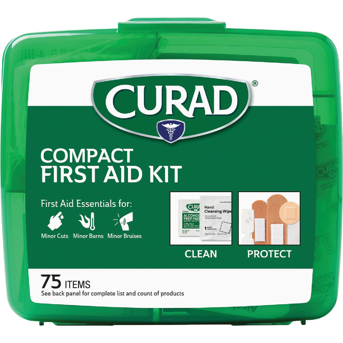 Item 602239, Kit contains essential Curad brand first aid items including latex-free 