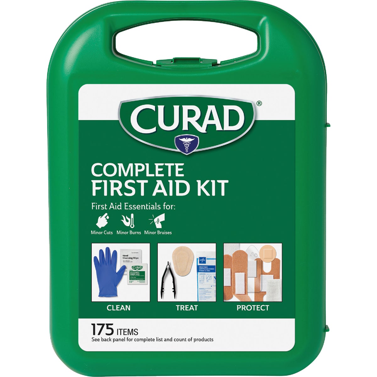 Item 602274, Kit contains essential Curad brand first aid items including latex-free 