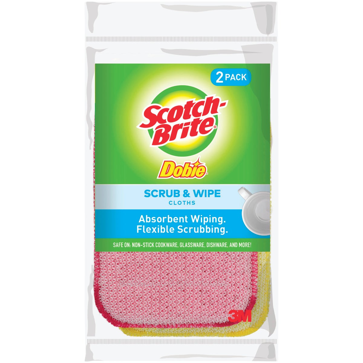 Item 602584, The Scotch Brite Dobie Scrub and Wipe Cloth is flexible and fits into tight