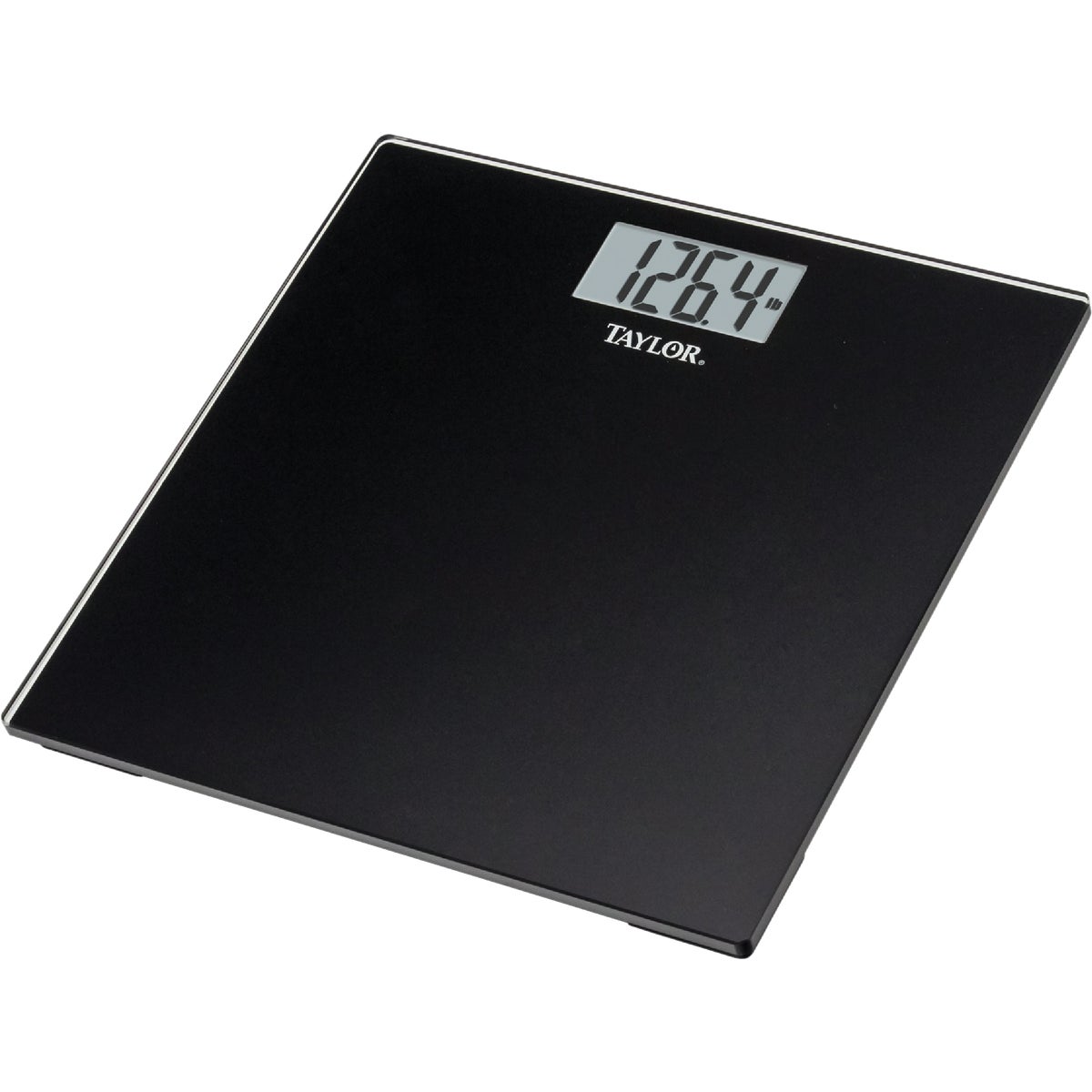 Item 602910, 11.8 In. square black back painted glass platform scale. 3.21 In. W. x 1.