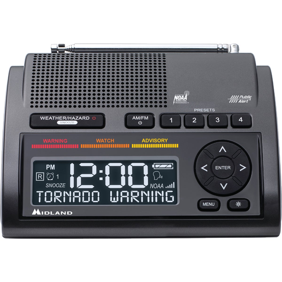 Item 603364, Midland Weather Alert Radio with dual alarm clock carries all 7 NOAA/