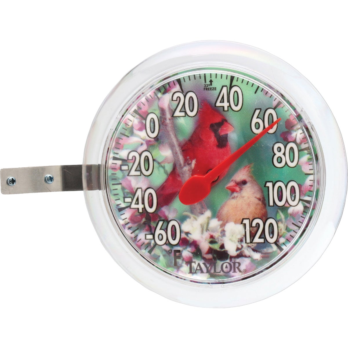 Item 603473, New, round shape featuring 2 birds. 6" dial thermometer. Clear bezel.